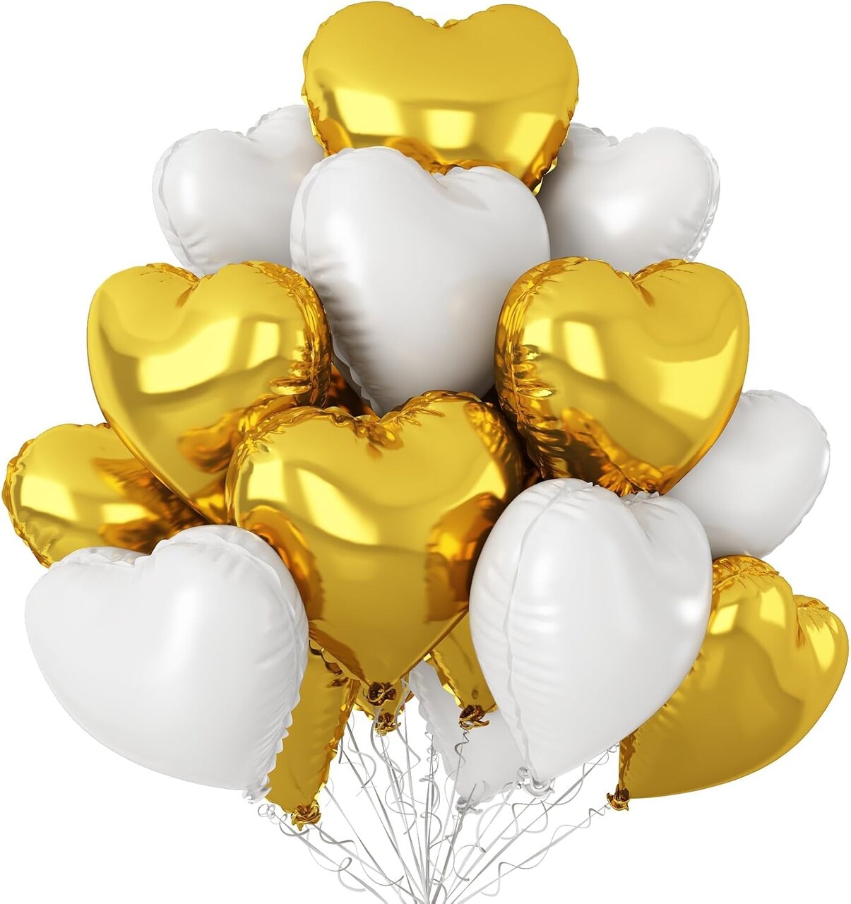 12-Pack Gold & White Heart Balloons 18in – Metallic Foil Love Balloons for Wedding, Birthday & Valentine’s Day